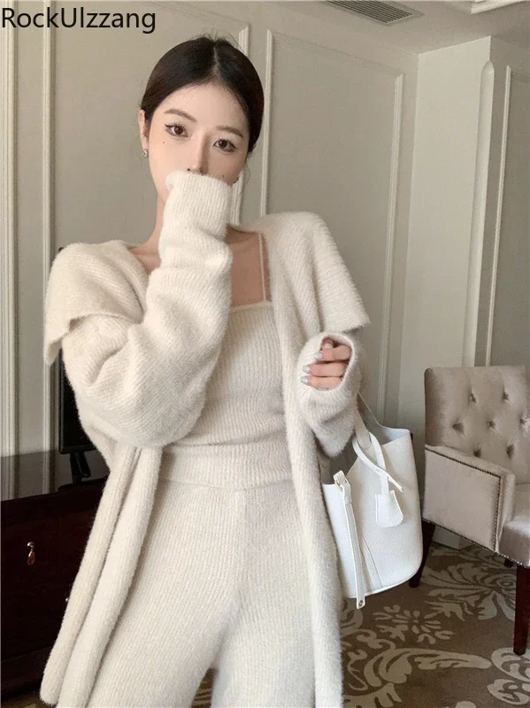 4pcs Set,Sweater Coat with Belt,Knit Camis,Knitwear Pant,women fall sweatercoat long cardigan y2k clothing korean knitted suits