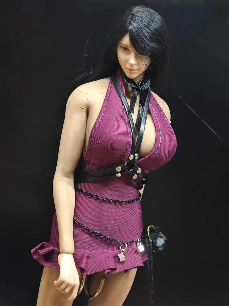 

1/6 Female Sexy Purple Deep V Backless Tight Short Dress with Breast Cross Leather Bandage Straps for 12" Action Figure Model