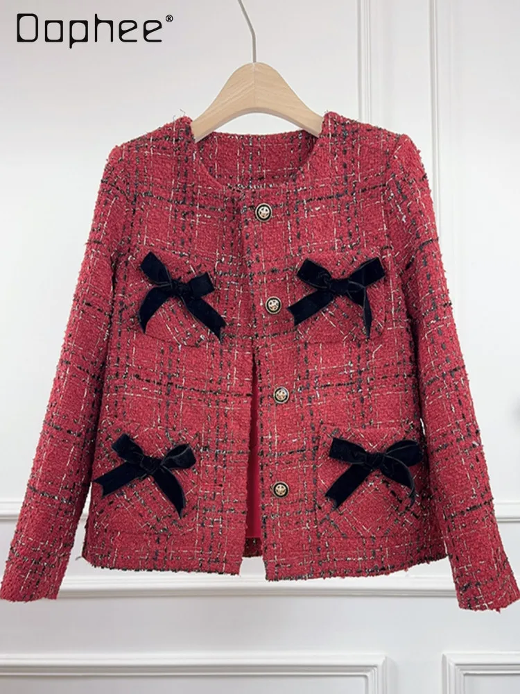 

2026 Spring New French Bowknot Tweed Short Coat for Women High-End Luxury Red Shiny Silk Round Neck Single-Breasted Trendy Coat