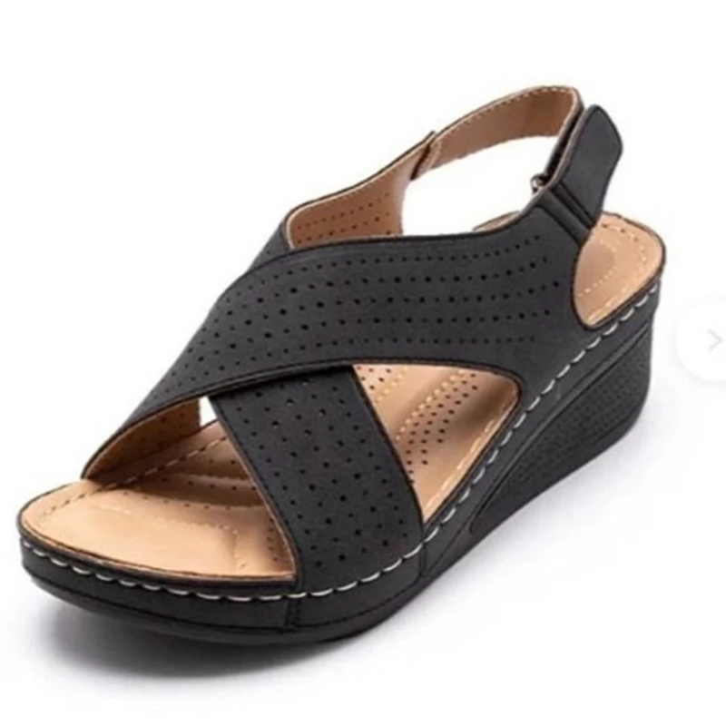 

2026 Women's Summer Large Size Sandals with Slope Heel Breathable Hollow Out Thick Bottom Magic Tape Roman Style Slip-On Shoes