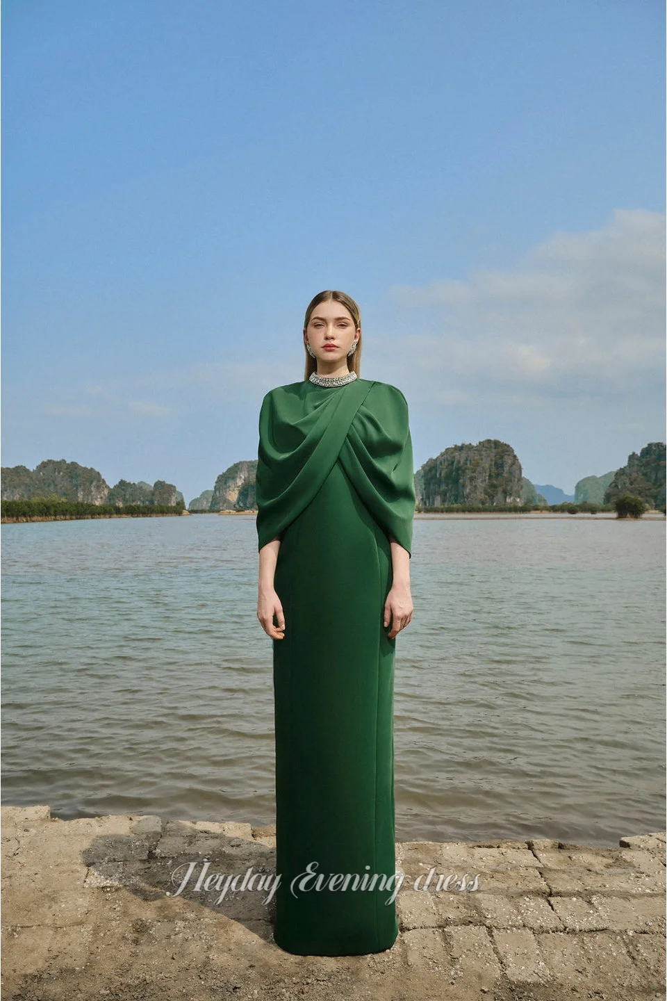 Heyday-Conjunto de vestido plisado de capa con adornos de piedra y escote redondo, vestido de noche de corte A para mujer