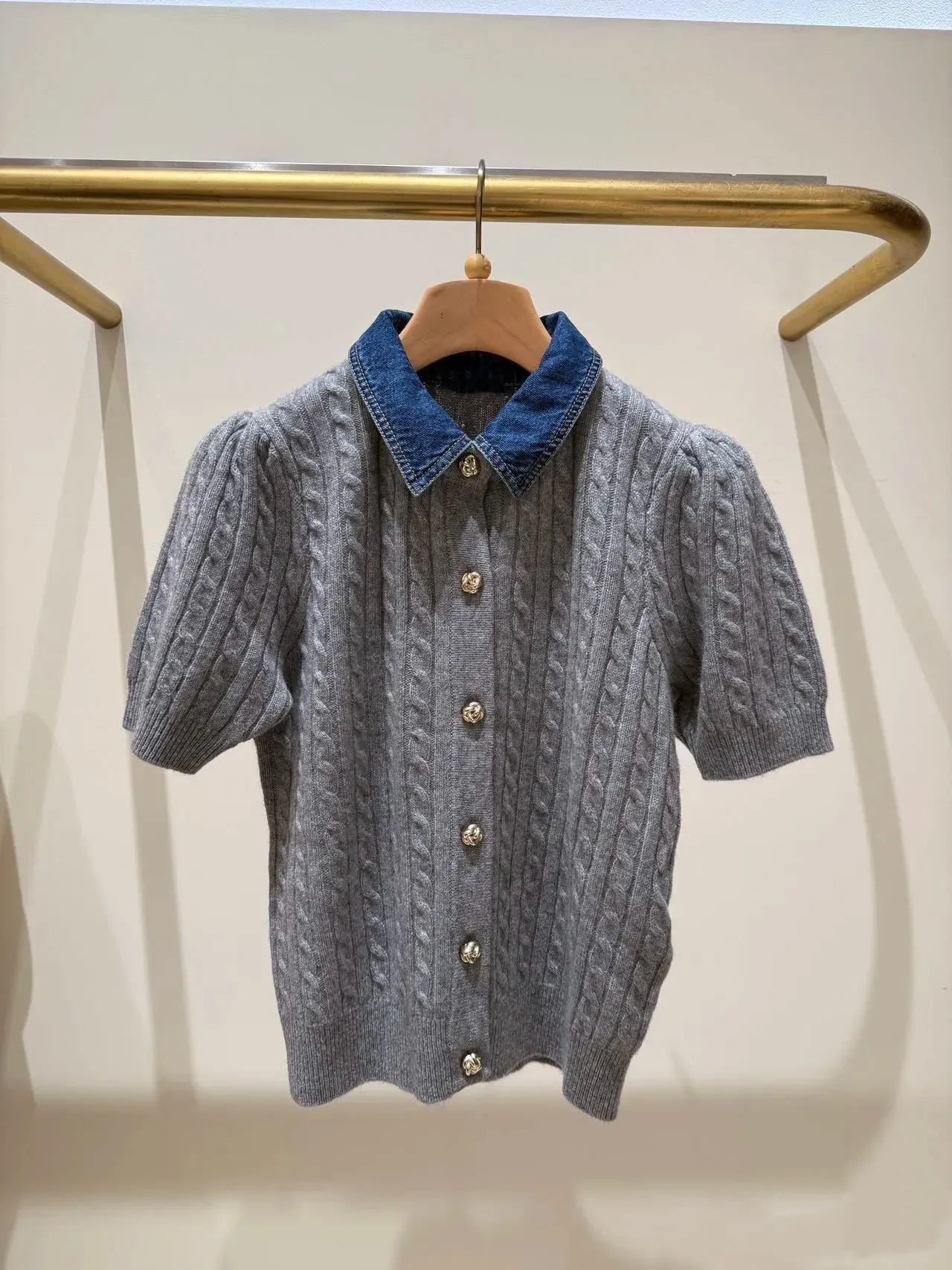 

High-End Version Summer Ne Splicing Knitted ort Sve Open Cardigan Women's Top ay Denim Patterned Slim Fit Sle