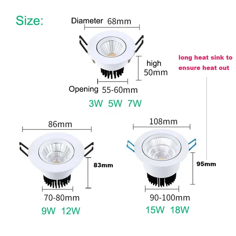 Faretti LED COB da incasso dimmerabili 5W 7W 9W 12W 15W 18W Faretti regolabili ad angolo AC85 ~ 265V Lampada da soffitto a LED Illuminazione per interni