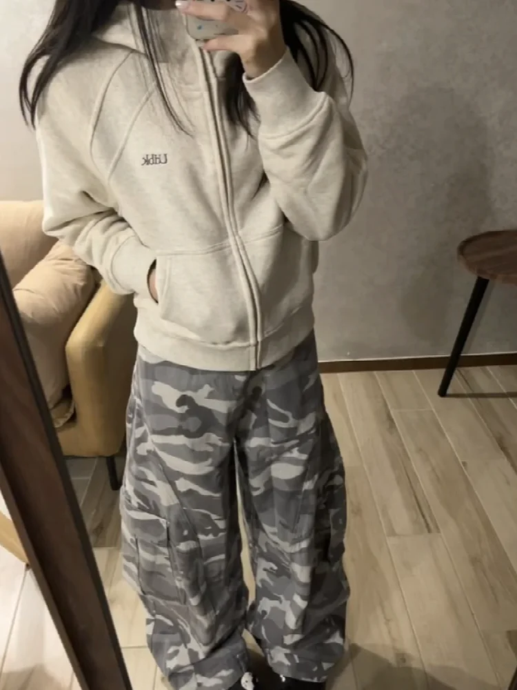 Cool Sweet Spicy Camouflage Workwear Jeans High Waist Loose Slimming Wide Leg Long Pants for Women Autumn Design Casual Denim