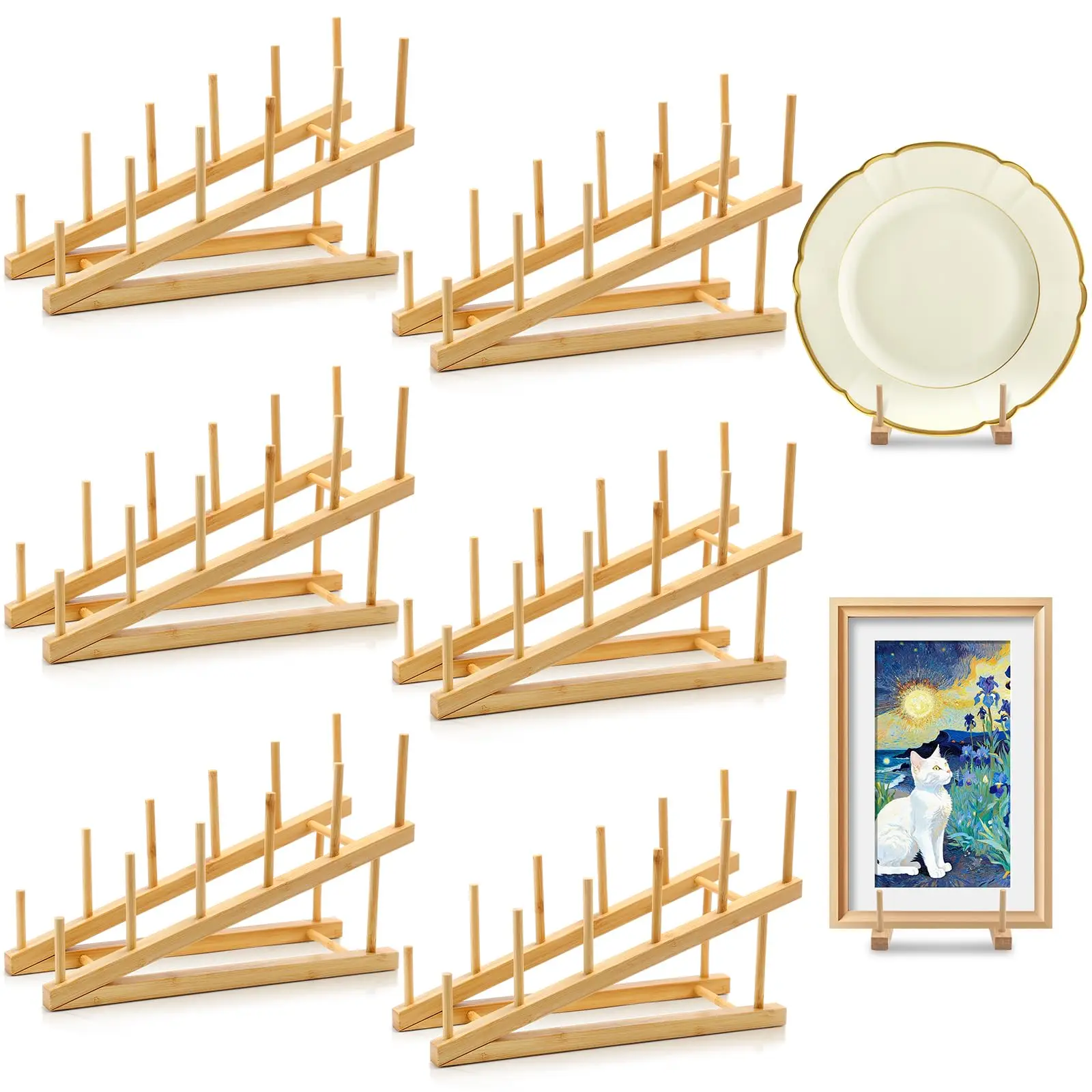 

6 Wooden Tiered Display Racks For Plates, Artwork, Canvases, Books And Magazines – Tabletop Or Cabinet Organizer