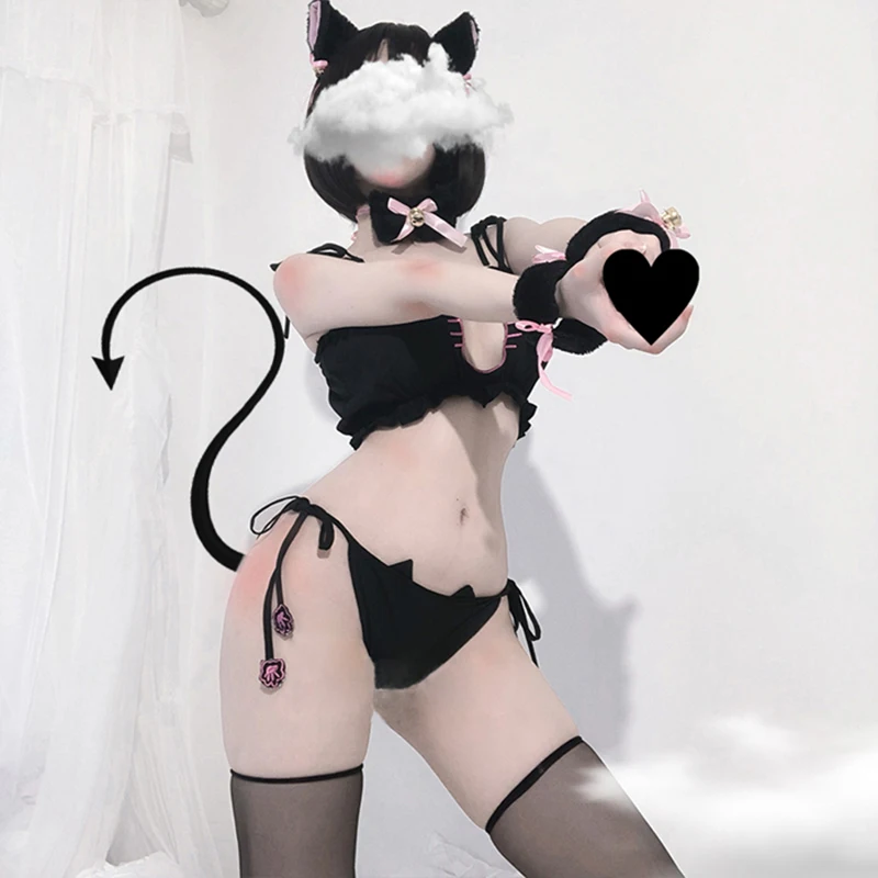 Hot Cosplay Donne Sexy Reggiseno Aperto Lingerie Gatto Uniforme Hollow Lenceria Sexi Cat Ear Kawaii Babydoll Chemise Set Erotico