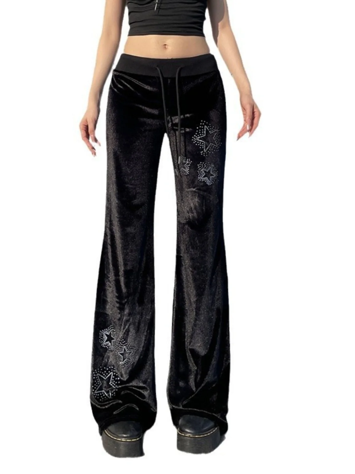 Pantaloni svasati con lacci a vita bassa Pantaloni lunghi a vita alta da donna Casual Fibra di poliestere Altro materiale 00%