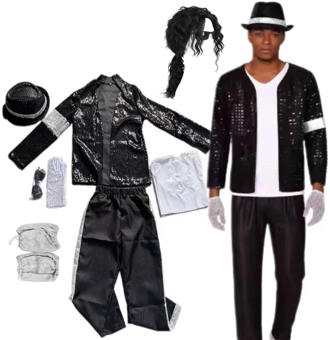 Stage Costumes Michael Jackson Classic Black Sequin Dance Outfit Halloween Men's Cosplay Uniform T-shirts Hats Gloves Suit