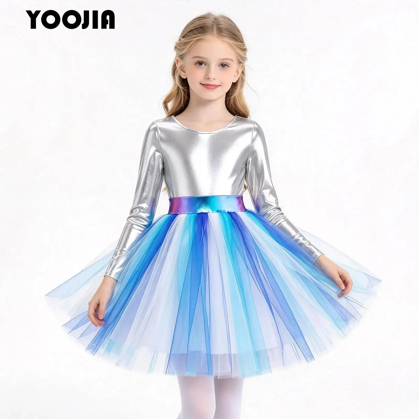 Girls Shiny Alien Outerspace Halloween Costume Long Sleeve Metallic Bodice Tulle Dance Tutu Dress Anime Outer Space Future Party