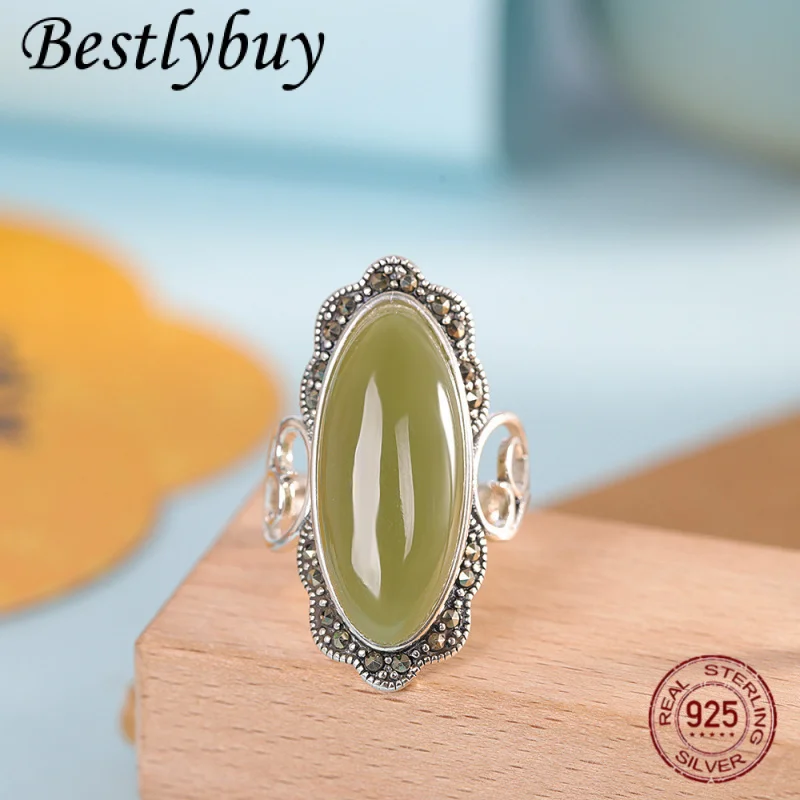 

Authentic S925 Thai Silver Inlaid With Hetian Qingyu Ring Adjustable For Women's Retro Temperament And Ethnic Style Jewelry