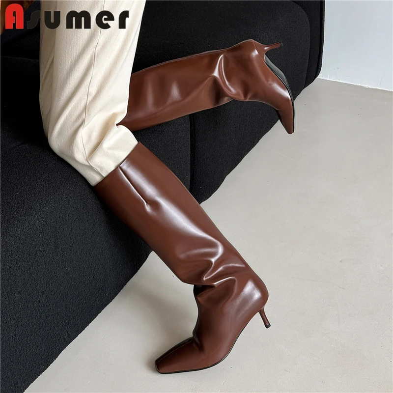 

ASUMER Genuine Leather Boots Women Slip On Thin High Heels Knee High Boots Pointed Toe Autumn Winter Fashion Party Office Shoes