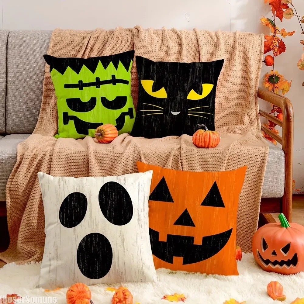 New 4Pcs Halloween Pillow Covers 18 x 18 Inch Retro Halloween Character Expressions Throw Pillow Covers Not Include Pillow Core