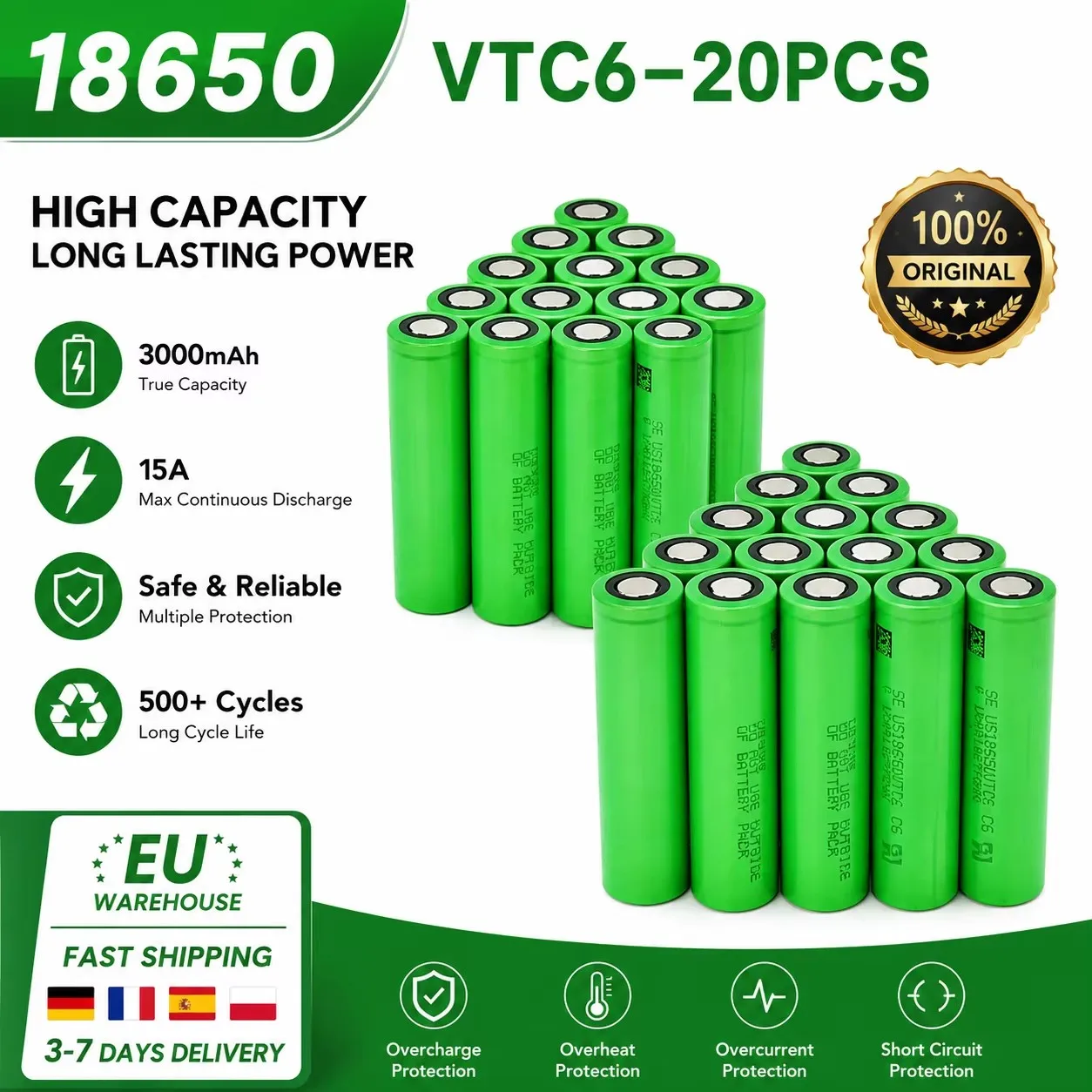 18650 Wiederaufladbare Lithium-Ionen-Batterie, VTC6 3,7V 3000mAh, 30A Entladung, geeignet für Elektroschrauber, LED-Lichtstreifen, Spielzeugbatterien