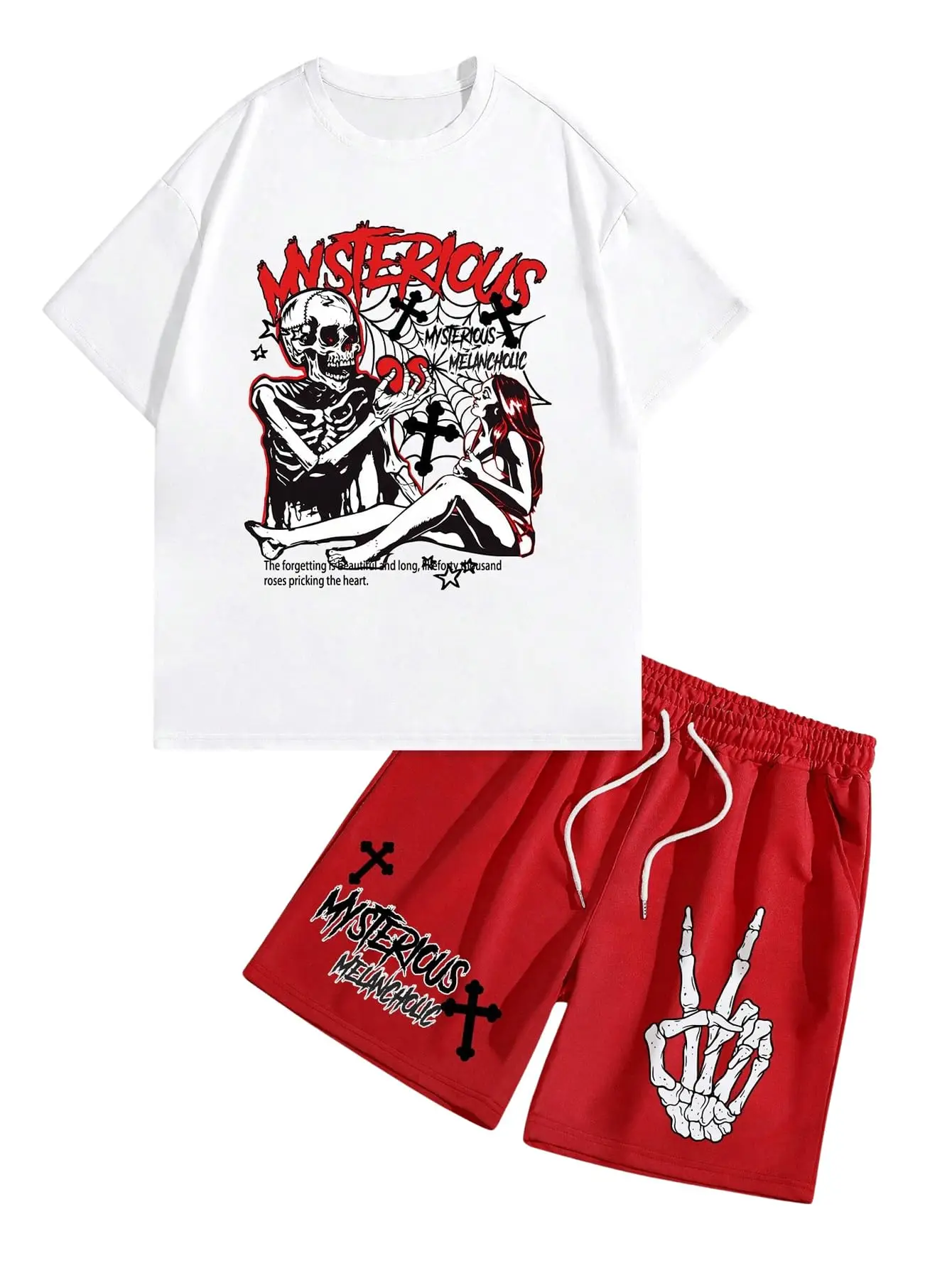 

High Street Trend Cool American Street Style Summer Cotton T-Shirt Shorts Two-piece Set Casual Men's Fashion Harajuku Y2K