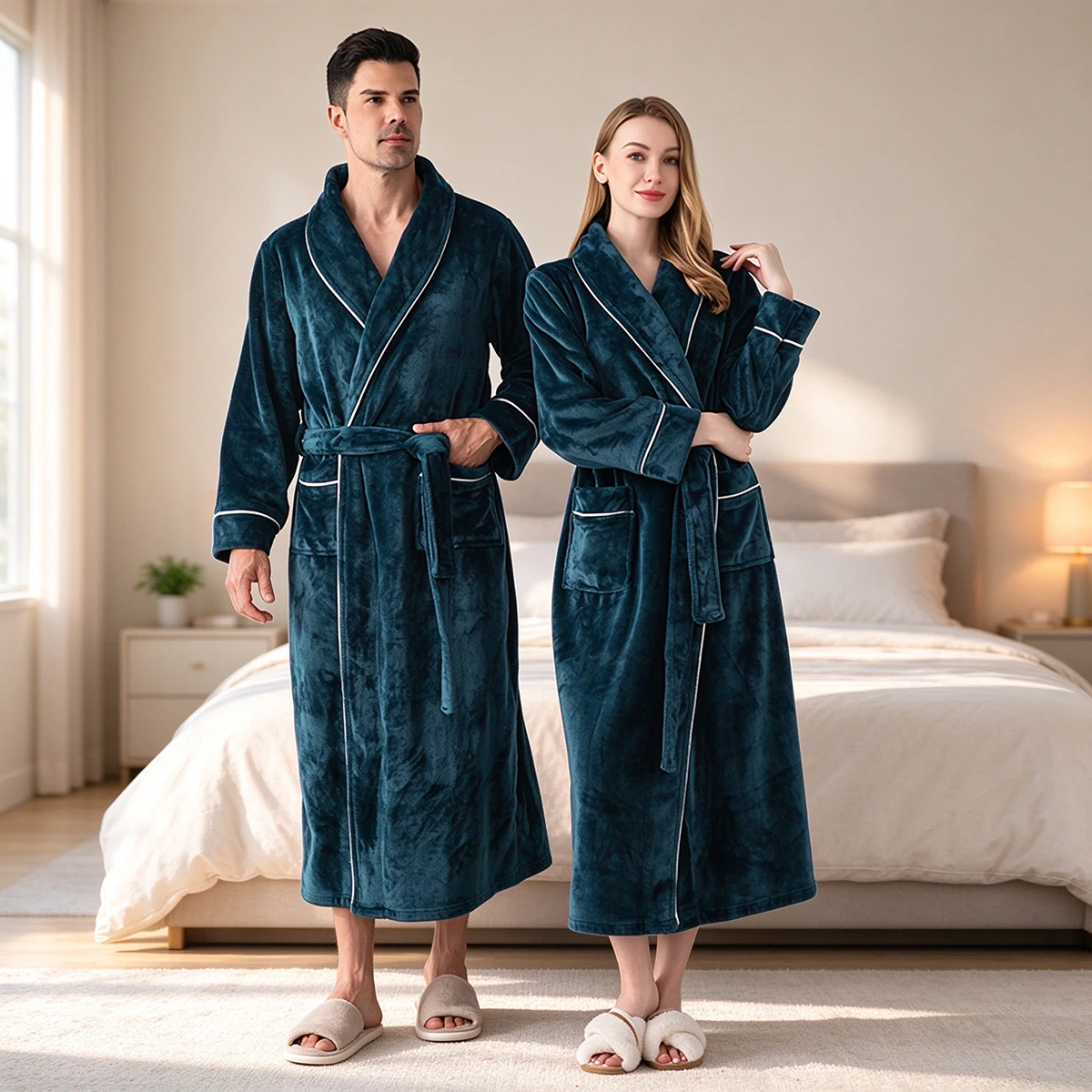 Paar-Bademantel für Damen und Herren, Flanell-Fleece-Morgenmantel, dicker, warmer Plüschmantel mit Schalkragen und Gürtel, Winter-Schlafanzug, Loungewear – Detail 2