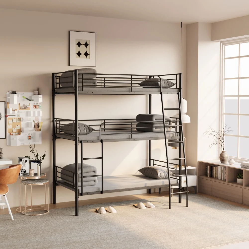 

Bedroom Dormitory Twin Size Black Metal Triple Bunk Bed Can Be Disassembled Into Three Beds， Twin Bed Frame Bedroom Furniture