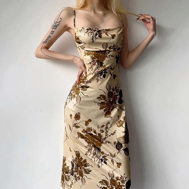 

Retro Floral Print Vintage Strap Dress Summer Women Sleeveless Long Dresses 2000s y2k Aesthetic Elegant Ladies Party Dress