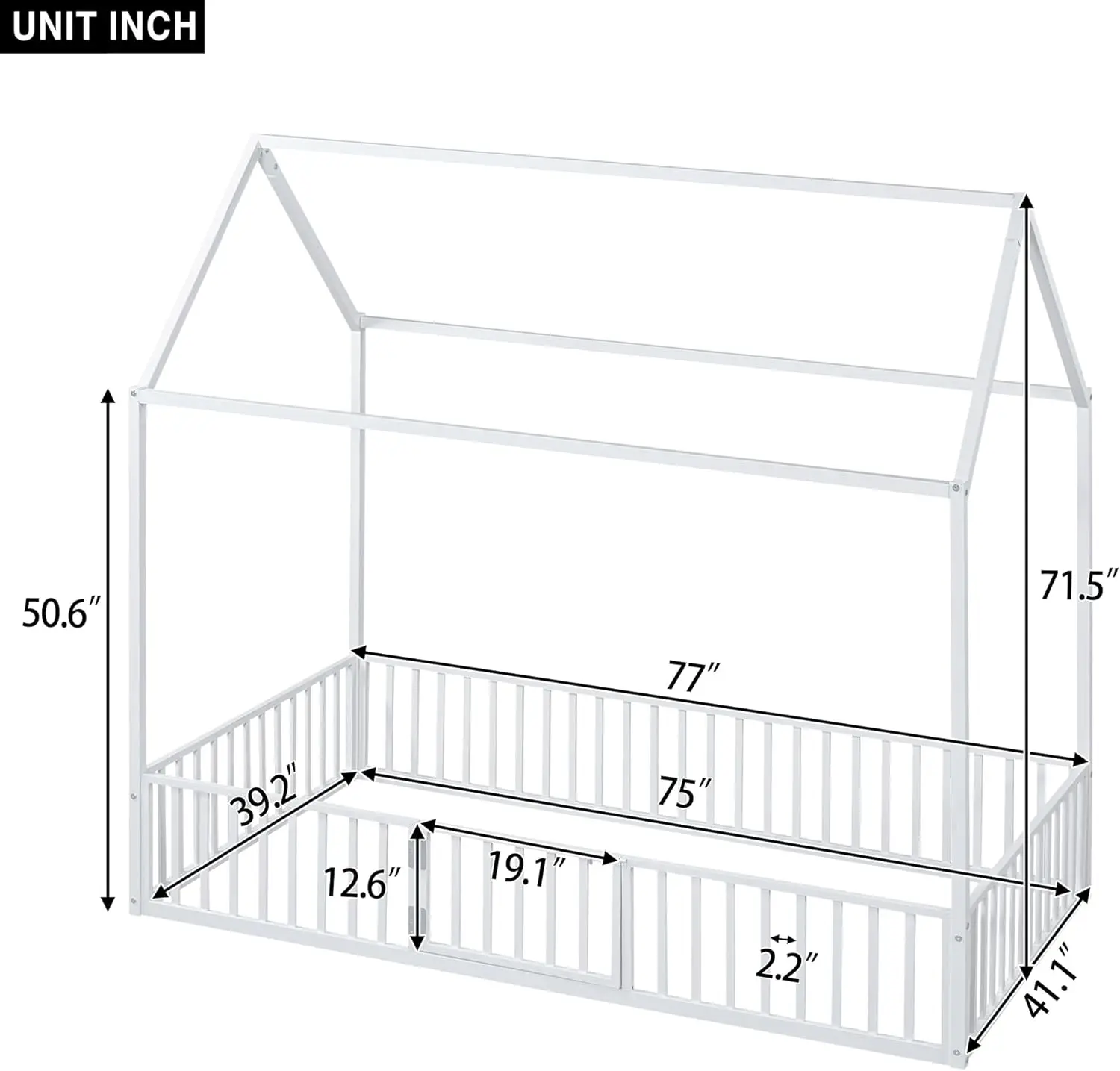 Bed with Door and Fence, Metal Montessori Twin Size, Kids Montessori Floor with Roof/House Floor for Kids, Girls