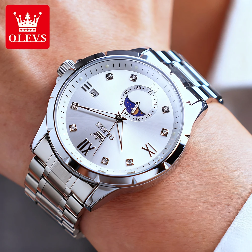 OLEVS ساعات رجال الأعمال عادية مقاوم للماء الفولاذ المقاوم للصدأ العلامة التجارية الأعلى الأصلي كوارتز ساعة اليد مرحلة القمر مضيئة 2956 جديد