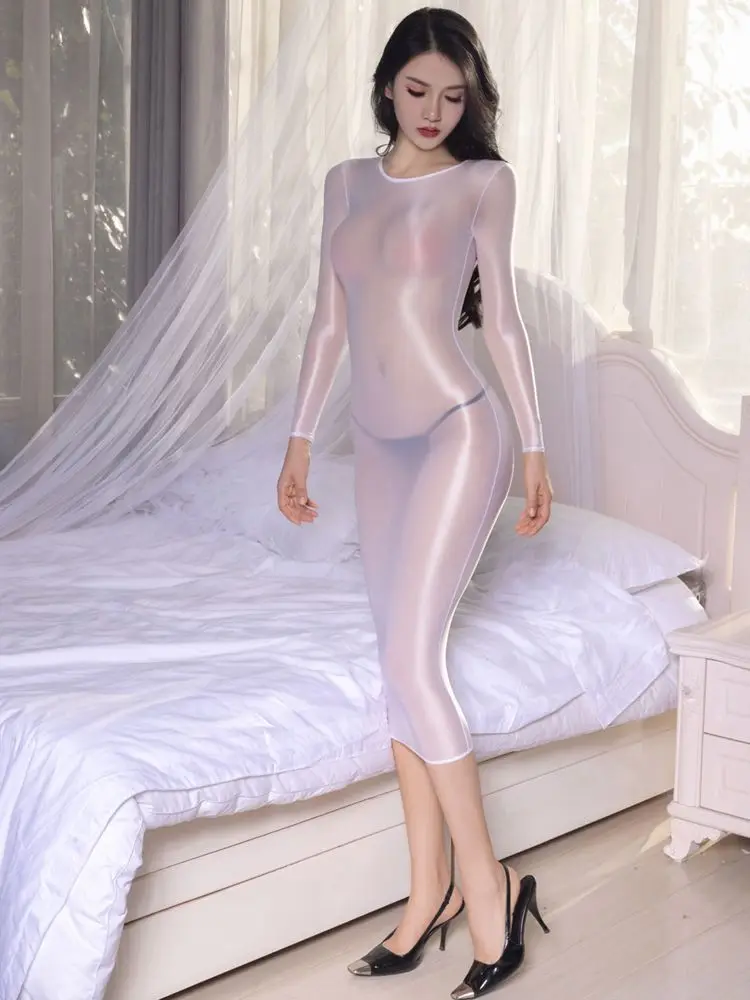 Long Sleeve Glossy Shiny Vestido Transparent Hot Dress Tights Package Hip Midi Dresses Sexy Clubwear Fantasy Lingerie Babydoll