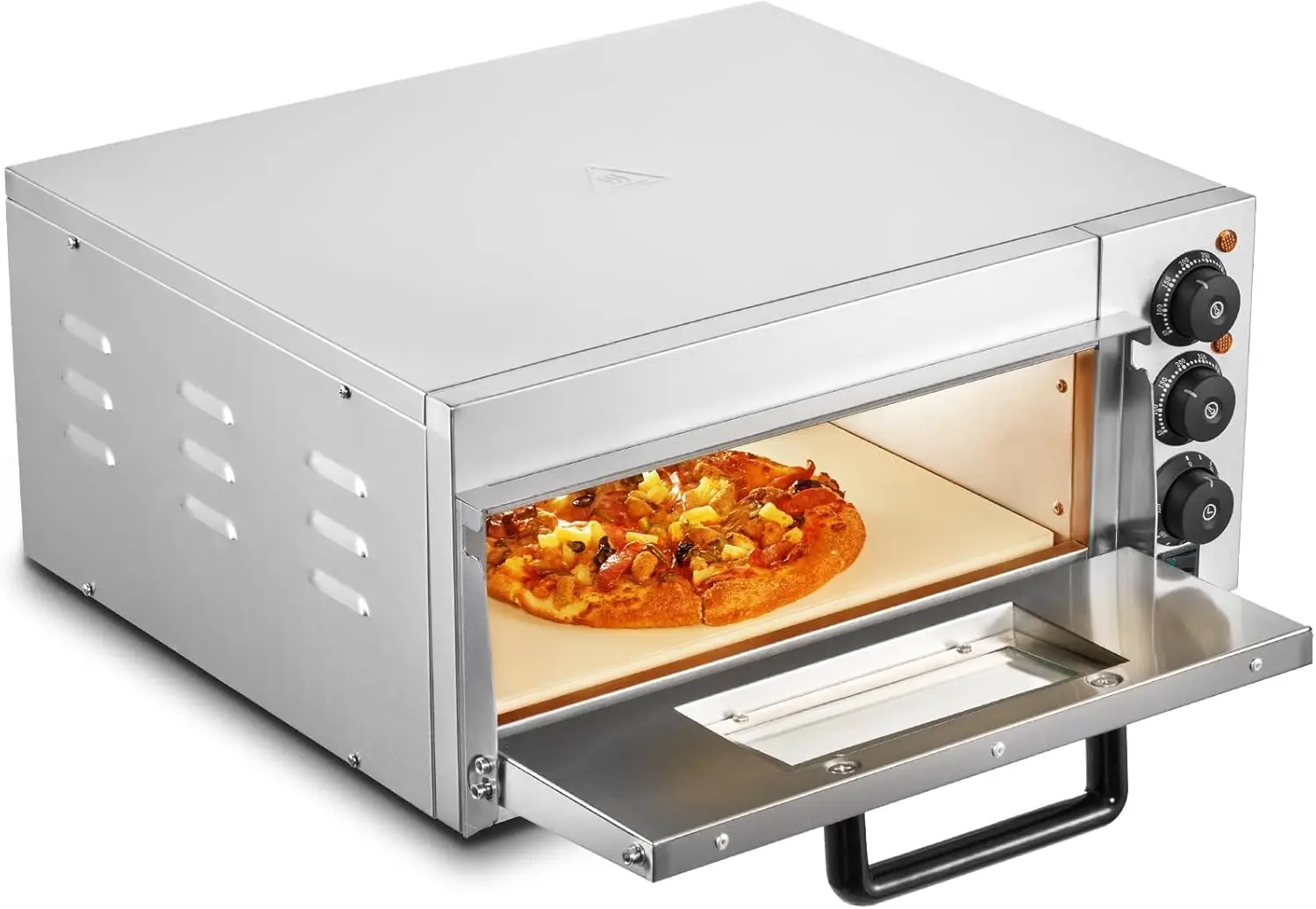 Kommerzieller Pizzaofen, Arbeitsplatte, 40,6 cm, einstöckiger elektrischer Pizzaofen aus Edelstahl mit Stein und Griff