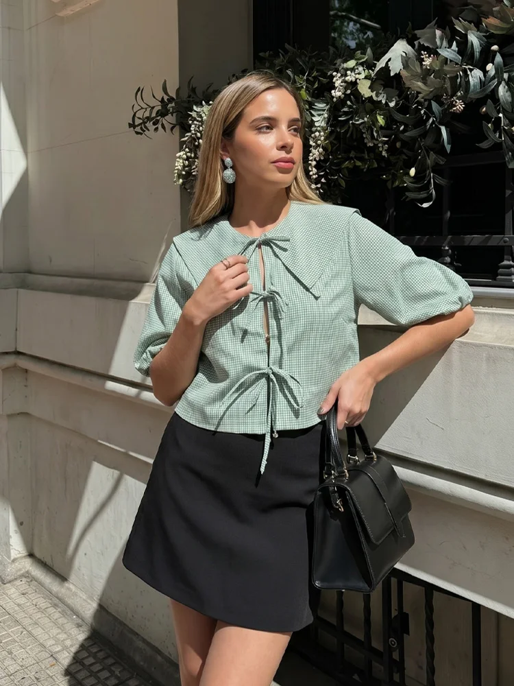 

HH Women Casual Fine Plaid Green Shirt Lapel Bow Hollow Elegant Puff Sleeve Short Tops 2026 Summer Valentine Day Date Wear