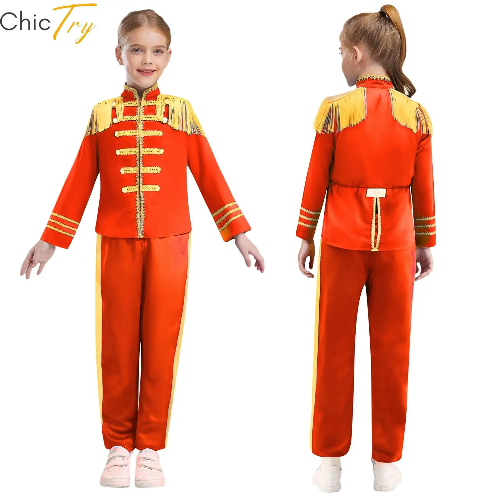 

1960s British Star Costume Halloween Cosplay Sets for Kids Long Sleeve Gold Lace Fringe Rock Band Musician Shirt Pants Costume