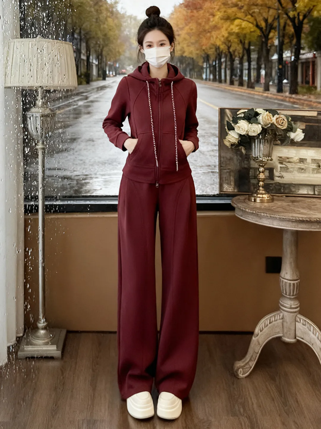 

Spring 2026 Red Casual Sportswear Set Women's Fashion Anti-Aging Jacket Top Wide Leg Pants Two-Piece Set High Waist Long Pants