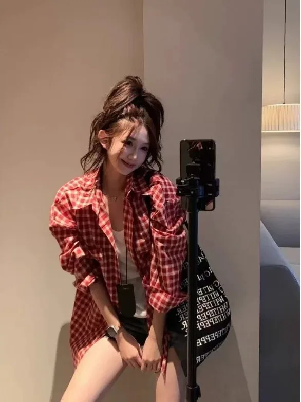 Retro American Red Plaid irt Damen Lose Lässige Dünne Oberbekleidung Offene Strickjacke Koreanische Version Frühling Pendeln Sle Long Sve