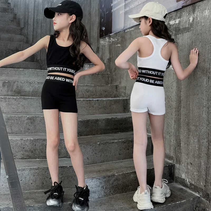 New Children's Sports Baseball Suit Set Summer Girls' Letter Off Back Fashion Tank Top+Shorts 2pcs Princess Beach Swimwear Set