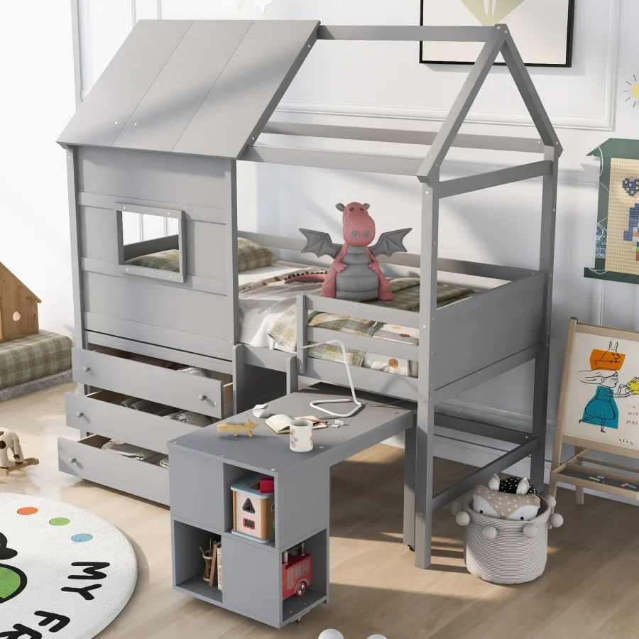 Twin Size House Loft Bed,Twin bed with Sturdy Wood Frame,Pullable Desk with Storage and 3 Drawer Chest,Safety Storage Kids Bed