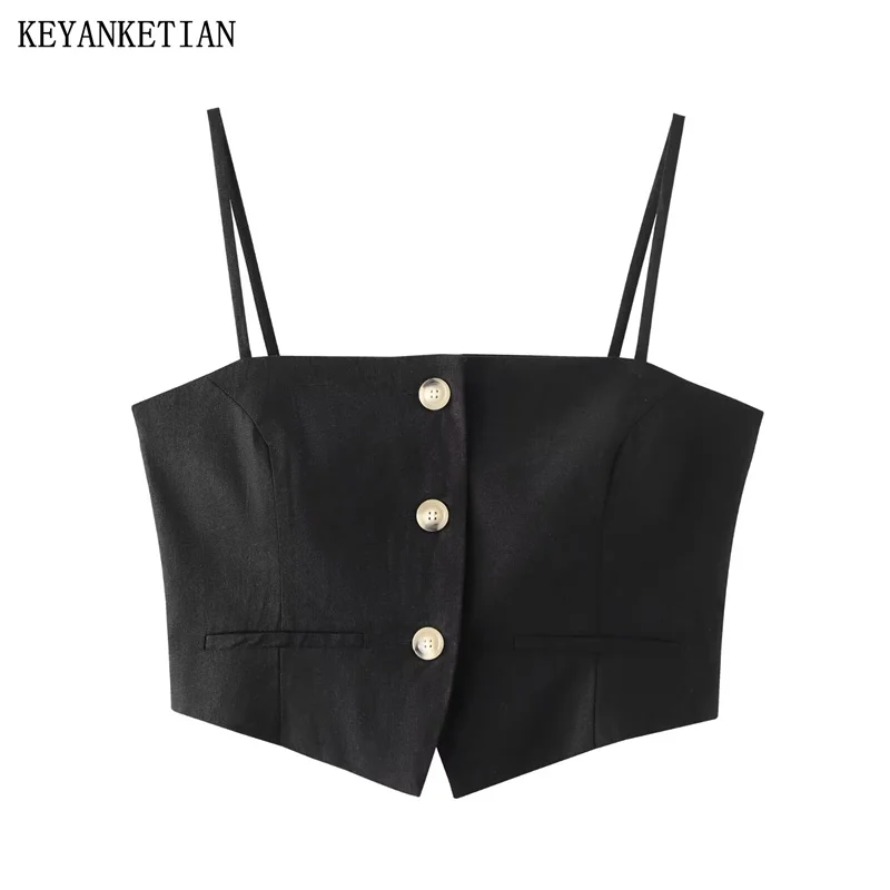 

Новинка 2024, Женский льняной Топ KEYANKETIAN на бретелях, летний черный корсет, асимметричный дизайн, на пуговицах, облегающий укороченный жилет Y2K, кофта