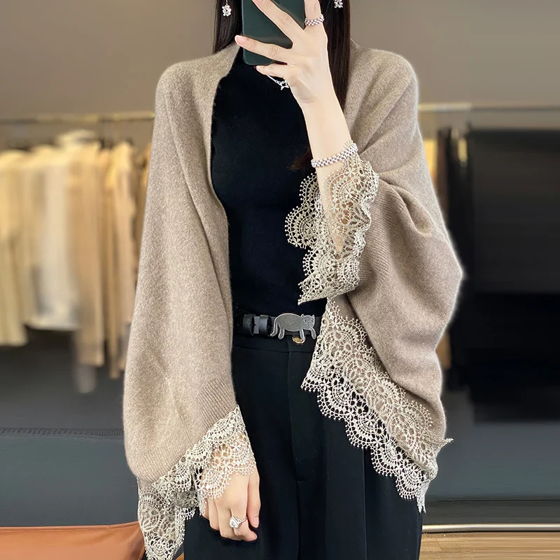 Popular Lace Edge 100% Wool Knitted Shawl Spring Autumn Thin Women\'s Soft, Skin friendly, Breathable, and Fashionable Cardigan