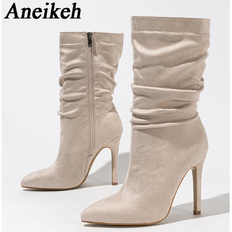 Aneikeh Sexy Pointed Toe Party Stripper Dance Heels Fashion Pleated Ankle Boots For Women Autumn Stiletto Shoes Chelsea Booties