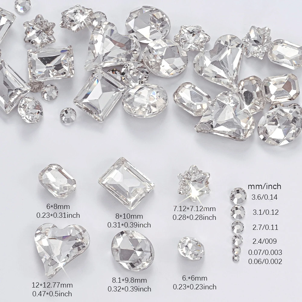 K9 branco irregular coração/retangular prego strass misturado luxo glitter vidro semicírculo diamante encantos do prego diy decoração de cristal