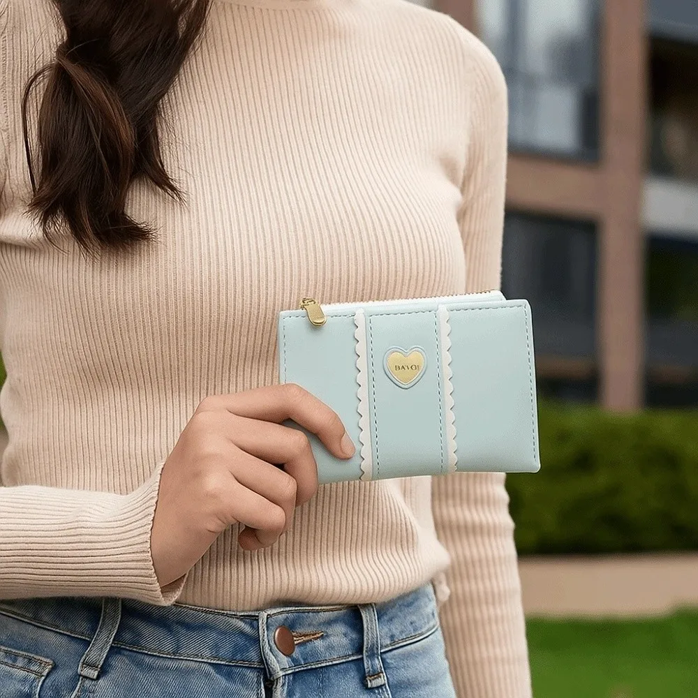

Elegant Women Short Wallet Love Heart Candy Color Biofold Business Purse Waterproof Pu Leather Bank/ID/Credit Card Holder