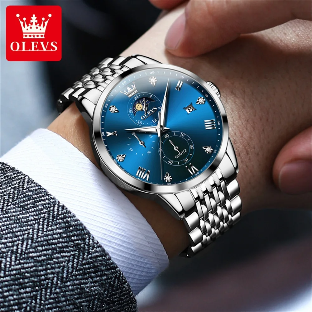 OLEVS Men\'s Watches Top Brand Fashion Original Quartz Watch for Man Waterproof Luminous Moon Phase Date Chronograph Wristwatch