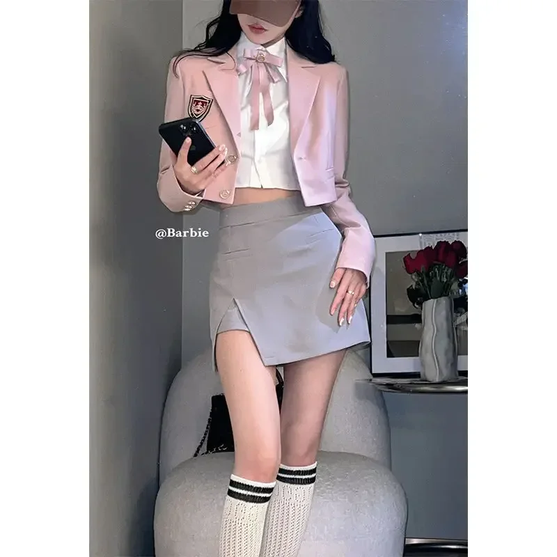 Lente Sexy High Street Roze Kantoor Jk Uniform Top Blouse Grijze Rok 3pcs Y2K Dameskleding Koreaanse Mode Seifuku uniform