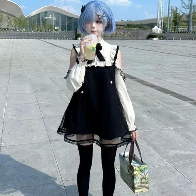 Y2K بناتي متخصص ثقافة فرعية فساتين الدانتيل Kawaii الزي مجموعة لوليتا فتاة الصيف الشارع الشهير كعكة واضح القوطية خارج فستان باكتاف مفتوحة