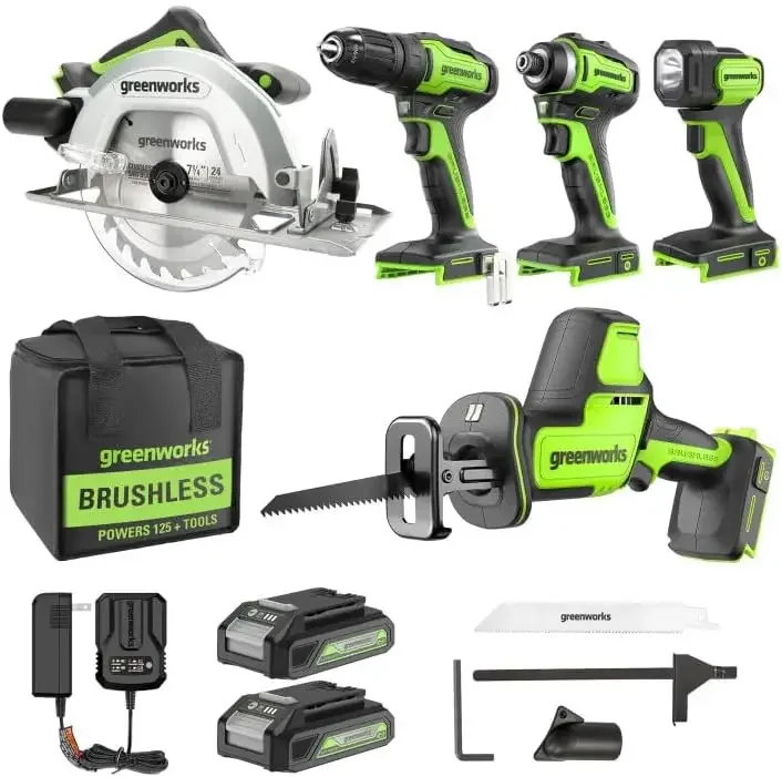 

24V 5pcs Brushless Power Tool Combo kit: 310 in. -lbs Drill Driver, 1950 In. Ibs Impact Driver, Reciprocating Saw, Circular Saw,