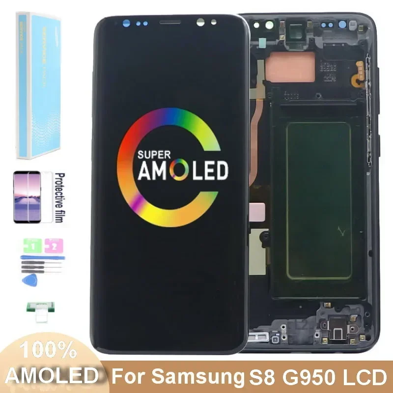 For Samsung Galaxy S8 SUPER AMOLED LCD G950 G950F SM-G950FN SM-G950F/DS LCD Display Touch Screen Digitizer Assembly With Fram