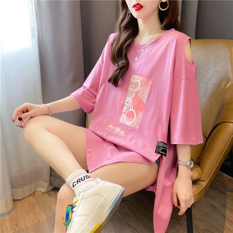 Frauen T-shirt Grafik Baumwolle Kurzarm Top Weibliche Off Schulter Sommer Outfit Y2k Kleidung Kleidung Verkäufe Koreanische Streetwear