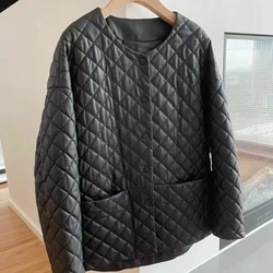 Tcyeek-chaqueta de cuero genuino para mujer, abrigos de piel de oveja de algodón, ropa de calle de estilo suelto, 2023