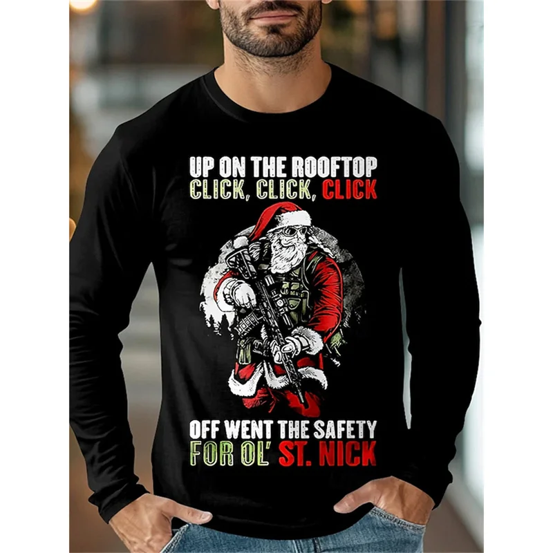 Funny Christmas Chicken Pattern T-Shirt For Men Santa Claus 3D Print T Shirts Autumn Casual Long Sleeves Loose O-Neck Tops Tees