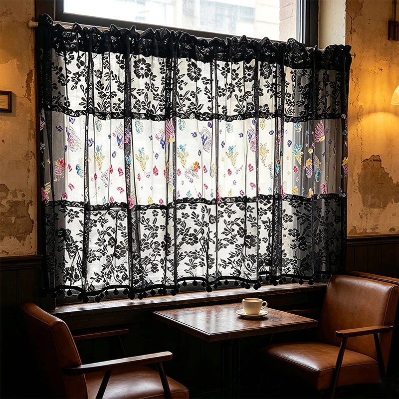 1pc Retro Aesthetic Spliced Half Curtain, Black Hollow Lace with Vibrant Butterfly Print, Pom‑pom Fringe Semi‑Sheer Curtain