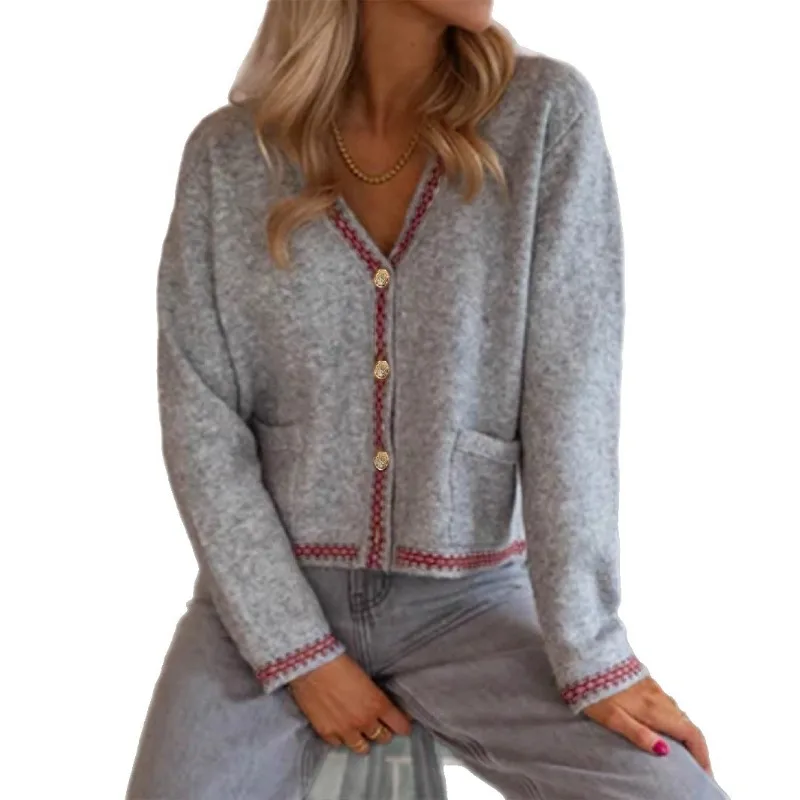 

2025 New Elegant Contrasting Color Trim Front-breasted Pocket Knitted Sweater Cardigan for Women