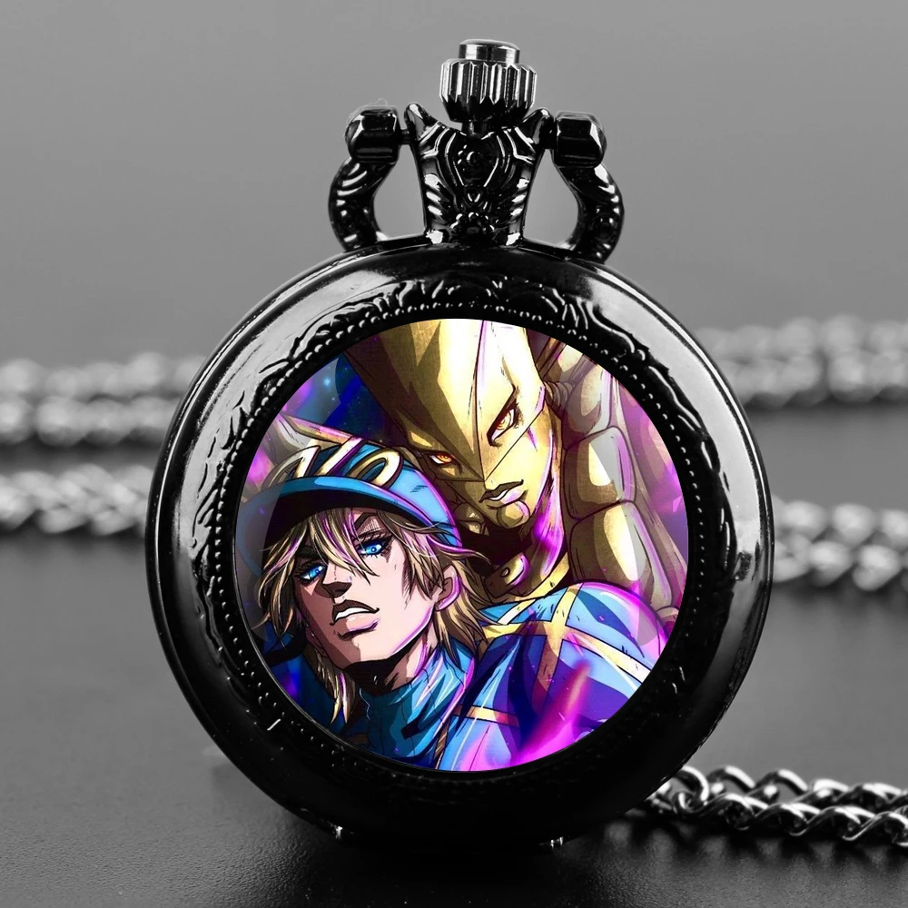 Anime Jojo Bizarre Adventure Quartz Pocket Watch for Women Men Necklace Unique Pendant Black Clock Chain Watch Gift Accessories