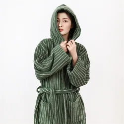 Retro Diamond Bathrobe Pure Cotton Soft Absorbent Bath towel Robes V Neck Hooded Loose Sleepwear Women Robes Coat Homewear