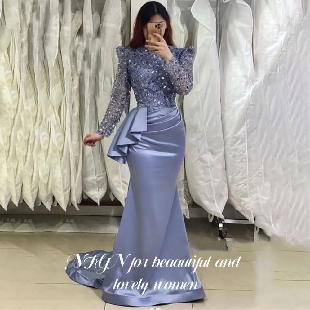 

NFYN Blue Long Stain O-neck Party Dress Trumpet Prom Dresses Regular Sleeve Shiny Pleat Evening Gown with Sequined Customized