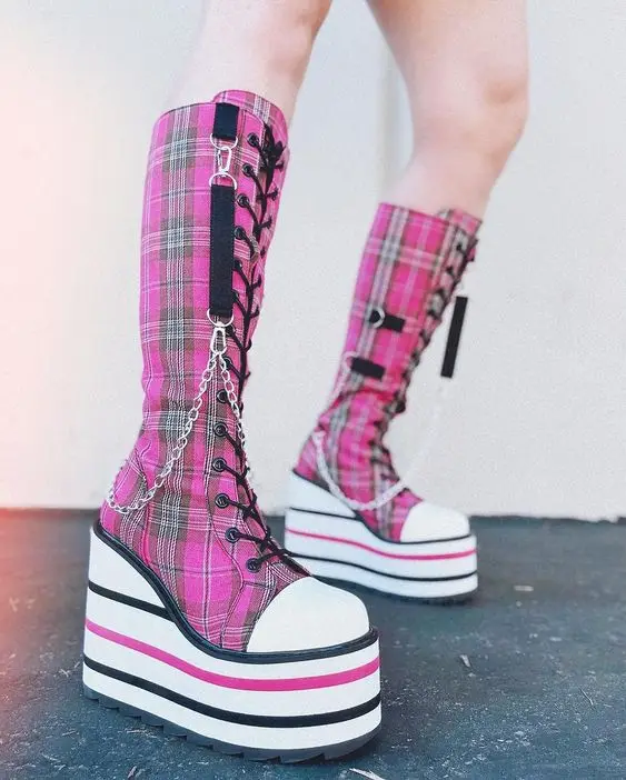 Kawaii Canvas Pink/Red Lattice Platform Knee High Boots Women\'s Metal Chain Wedges Lace up Big Size Boot Y2K Cosplay Shoes